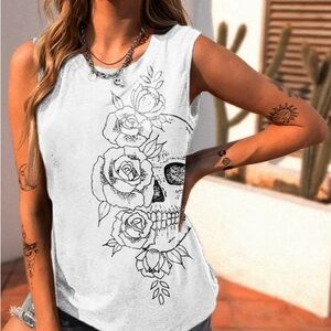 Floral Skull Graphic White Tank Top